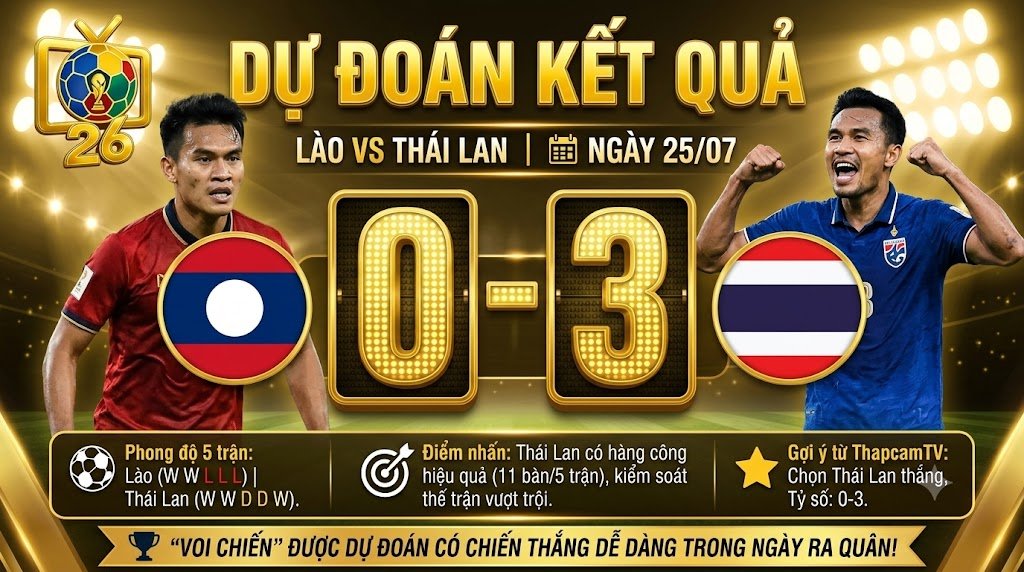Chuyên gia ThapcamTV dự đoán tỷ số 0-3 nghiêng về Thái Lan trong trận ra quân gặp Lào tại ASEAN Cup 2026.