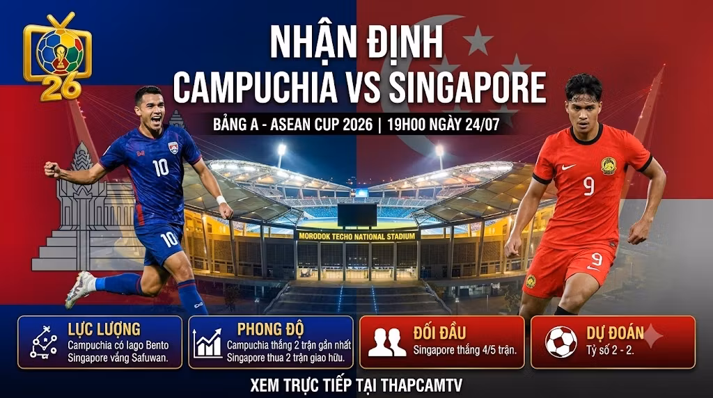 Nhận Định Campuchia vs Singapore (19h00, 24/7): Tham Vọng Lật Đổ Của “Chiến Binh Angkor”