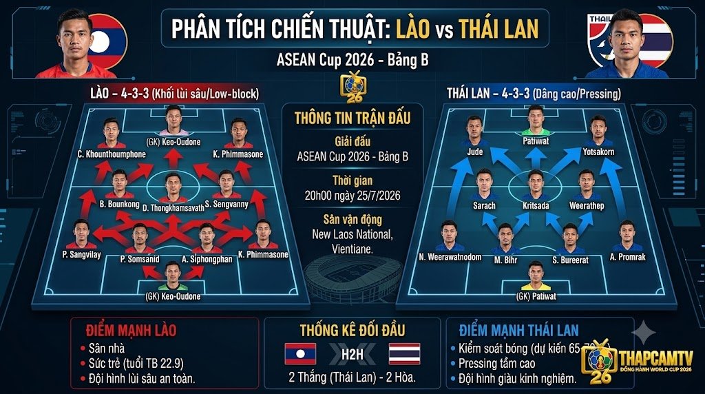 Sa bàn phân tích đội hình và chiến thuật trận đấu giữa ĐT Lào và ĐT Thái Lan tại ASEAN Cup 2026.