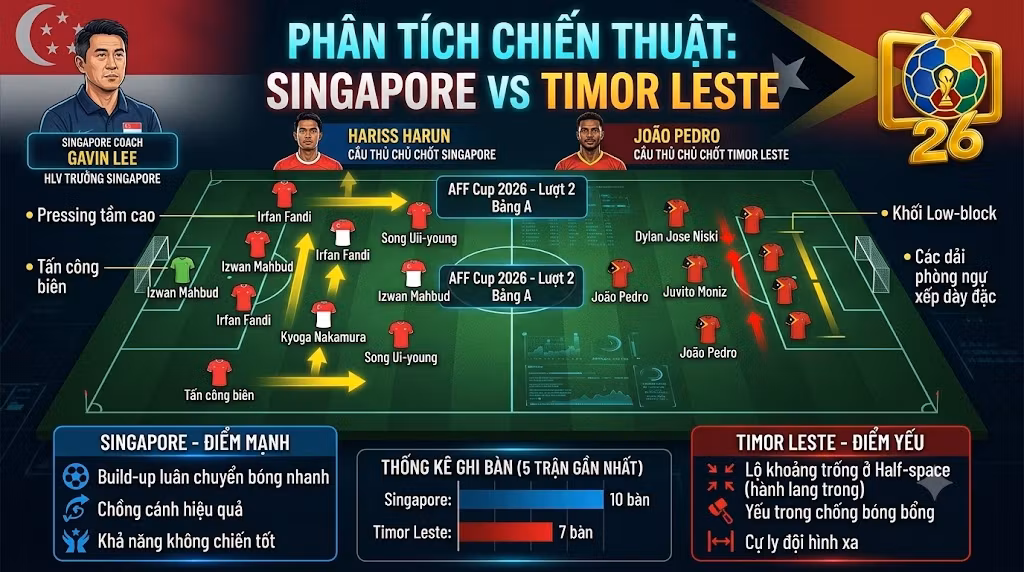 Phân tích sa bàn chiến thuật trận Singapore vs Timor Leste: Lối chơi pressing tầm cao của Singapore đối đầu với khối đội hình low-block của Timor Leste.